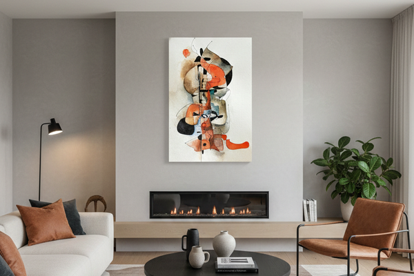 Claudia Smalley Artwork in Modern living room with a fireplace and furniture.