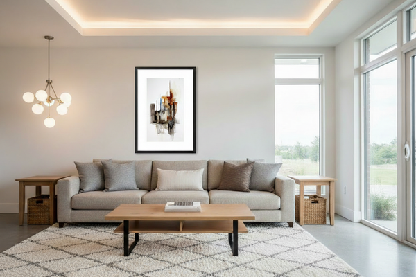 adjust the brightness of the matt on the painting so it is more realistic to the lighting that is in that living room. right now it is too bright  and not accurate