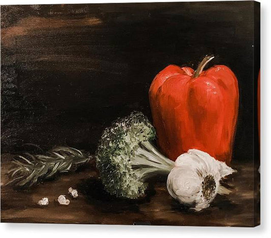 Red Pepper, Broccoli and Rosemary Still Life - Canvas Print